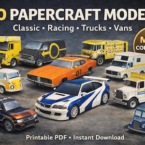 Bundel met 20 papieren automodellen | Printbare PDF-voertuigen | Klassieke, race- en bedrijfswagens | Doe-het-zelf papieren modellen | Direct downloaden