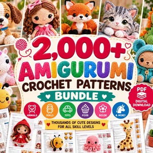Pode incluir: Uma coleção digital de mais de 2.000 padrões de crochê amigurumi com várias figuras de crochê, incluindo um cachorrinho, boneca, raposa, gato, dinossauro, unicórnio, urso, abelha, elefante, menina de vermelho, polvo, girafa e um cacto em vaso.