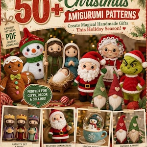 Può includere: Immagine promozionale per modelli all'uncinetto amigurumi natalizi. L'immagine presenta varie figure all'uncinetto fatte a mano, tra cui Babbo Natale, gnomi e personaggi del presepe. Il testo include "50+ Christmas Amigurumi Patterns" e "Create Magical Handmade Gifts This Holiday Season!"
