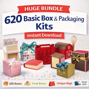 May include: A collection of various paper gift boxes and packaging kits. The image features boxes in different shapes and colors, including a red barn, a red Lego-style box, and a pink patterned box. Text reads "HUGE BUNDLE 620 Basic Box & Packaging Kits".
