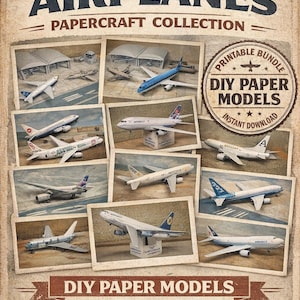 Puede incluir: Una impresión de estilo vintage que presenta una colección de 40 modelos de aviones comerciales de papel. El diseño incluye varios modelos de aviones en marcos de fotos individuales, con el texto "40 Commercial Airplanes Papercraft Collection."