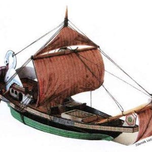 May include: A detailed illustration of a small, wooden sailing ship with a single brown sail. The ship has a green hull and a white swan figurehead. The ship is depicted on a white background.
