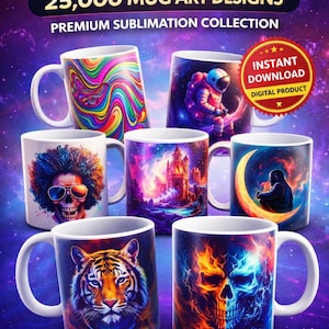 Pode incluir: Anúncio de um produto digital com designs de arte para canecas. A imagem mostra várias canecas brancas com vários designs, incluindo um astronauta, uma caveira, um tigre e padrões abstratos. O texto na imagem diz "MEGA PACK" e "25.000 MUG ART DESIGNS."