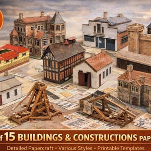 Puede incluir: Un conjunto de 15 modelos de edificios de papel, que incluyen casas, un castillo y un trabuquete. Los modelos son de varios estilos arquitectónicos con esquemas de color rojo, marrón y blanco. La imagen incluye el texto "Set of 15 BUILDINGS & CONSTRUCTIONS PAPERCRFTS".