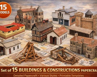 May include: A collection of 15 papercraft building models, including houses, a castle, and a trebuchet. The models are in various architectural styles with red, brown, and white color schemes. The image includes the text "Set of 15 BUILDINGS & CONSTRUCTIONS PAPERCRFTS".