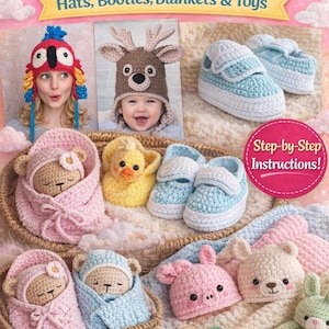 Pode incluir: Capa do livro "50 Baby Crochet Patterns" com artigos de crochê para bebês. A imagem mostra chapéus, botinhas, cobertores e brinquedos em tons pastel. Texto: "Hats, Booties, Blankets & Toys" e "Step-by-Step Instructions!"