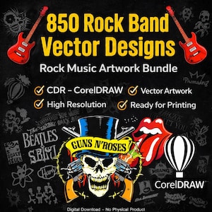 Könnte beinhalten: Ein digitaler Download-Grafik-Bundle mit 850 Rockband-Vektordesigns. Das Bild zeigt einen Totenkopf mit Waffen, eine rote Gitarre und den Text "Guns N' Roses". Das Bundle enthält CorelDRAW-Dateien, Vektor-Artwork, hohe Auflösung und ist druckfertig.
