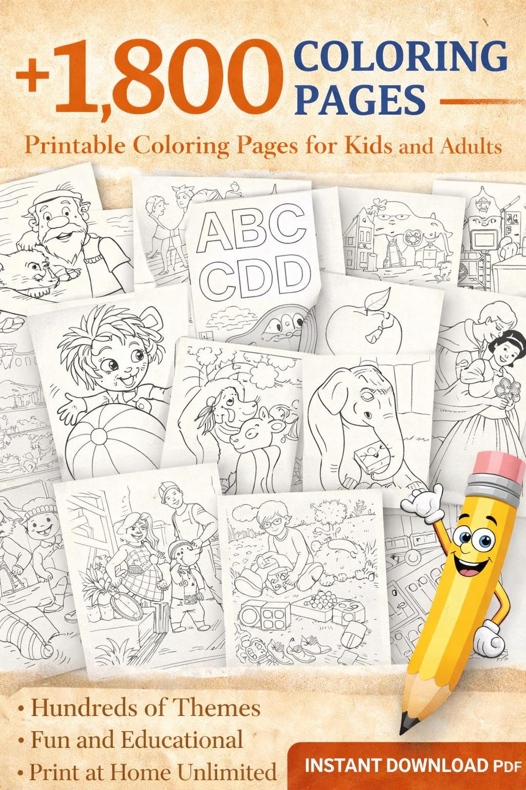 1,800+ Printable Coloring Pages Bundle | Kids & Adults Coloring Pack ...