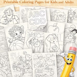 Pode incluir: Uma coleção de páginas para colorir imprimíveis para crianças e adultos. A imagem apresenta vários desenhos lineares, incluindo uma maçã, um elefante e personagens. O texto inclui "+1.800 Páginas para colorir" e "Páginas para colorir imprimíveis para crianças e adultos."