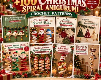 May include: A collection of digital PDF crochet patterns featuring 100 Christmas-themed amigurumi designs. The images display various spiral ornaments, including Santa, reindeer, snowmen, stars, and trees, with text labels for each pattern set.