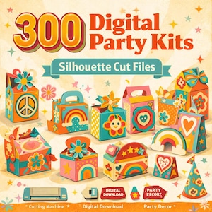 May include: A vibrant illustration showcasing party favor boxes adorned with rainbows, flowers, and hearts. The image includes the text "300 Digital Party Kits" and "Silhouette Cut Files", plus icons for a cutting machine and digital downloads, ideal for party decor.