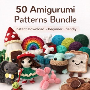 Puede incluir: Un conjunto de patrones de crochet amigurumi coloridos, que incluyen una casa de champiñones, un arcoíris, una muñeca y un personaje parecido a Baby Yoda. El texto dice "50 Amigurumi Patterns Bundle" y "Instant Download • Beginner Friendly".