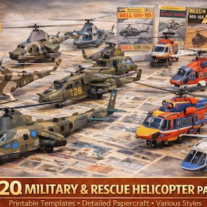Puede incluir: Un conjunto de 20 modelos de maquetas de helicópteros militares y de rescate. Los modelos son de varios colores de camuflaje y rescate. La imagen incluye el texto "Set of 20 MILITARY & RESCUE HELICOPTER PAPERCRAFTS".
