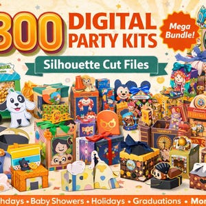 Pode incluir: Uma imagem vibrante mostrando uma coleção de 300 kits de festa digitais. Os kits são apresentados como caixas decorativas e arquivos de corte coloridos, com vários temas para aniversários, chás de bebê, feriados e formaturas. O texto "Mega Bundle!" também é visível.