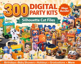 Könnte beinhalten: Ein farbenfrohes Bild mit 300 digitalen Party-Kits, präsentiert als dekorative Boxen und Stanzdateien. Die Kits sind thematisch für Geburtstage, Babypartys, Feiertage und Abschlussfeiern. Der Text "Mega Bundle!" ist ebenfalls sichtbar.