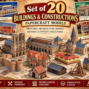 May include: A set of 20 papercraft models featuring historic and fantasy buildings and constructions. The collection includes printable architecture models with detailed designs, such as cathedrals, houses, and a trebuchet, displayed on a map background.