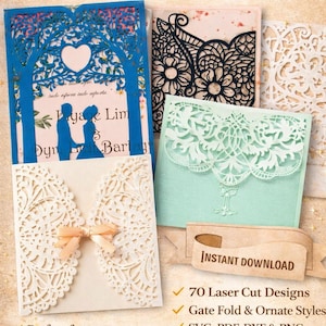 May include: A collection of laser-cut invitation templates. The image features various designs, including a blue tree design, a black floral design, and a white lace design. The text reads "70 Lace Invitations" and "Instant Download."