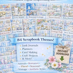 84 Scrapbook Kits Mega Bundle – Printable Digital Scrapbook Papers, Junk Journal Kit, Vintage Themes, Instant Download