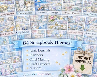 84 Scrapbook Kits Mega Bundle – Printable Digital Scrapbook Papers, Junk Journal Kit, Vintage Themes, Instant Download
