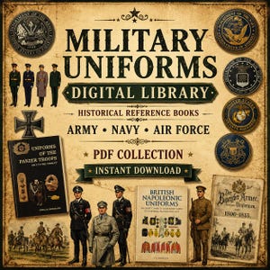 Pode incluir: Uma biblioteca digital de livros de referência históricos sobre uniformes militares com o texto MILITARY UNIFORMS DIGITAL LIBRARY, HISTORICAL REFERENCE BOOKS, ARMY, NAVY, AIR FORCE, PDF COLLECTION e INSTANT DOWNLOAD num fundo de papel vintage.