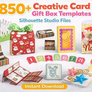 May include: A collection of colorful, handmade gift boxes and cards. The image includes a red Santa-themed gift bag, a yellow card with an ice cream design, and a card that says "It's a boy!" The text "850+ Creative Card Gift Box Templates" is also visible.
