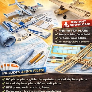 Könnte beinhalten: Digitalpaket mit 2400 RC-Flugzeugplänen und Segelflugzeug-Blaupausen. Das Bild zeigt Modellflugzeuge, Blaupausen und den Text "Sofortiger Download!" und "Enthält 2400+ Dateien!" Die Pläne sind für Schaumstoff, Holz und Balsaholz.