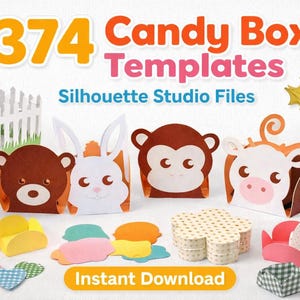 May include: Image features various candy box templates with animal and shape designs. The text reads "374 Candy Box Templates" and "Silhouette Studio Files". Includes bear, bunny, monkey, and cow-shaped boxes, along with other decorative shapes.