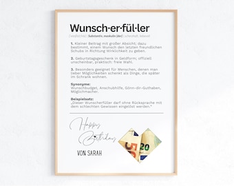 Wunscherfüller Geldgeschenk Geburtstag personalisiert | Definition Poster PDF Vorlage A4 A5 | Geld ausdrucken