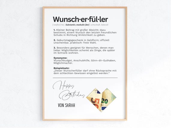 Wunscherfüller Geldgeschenk Geburtstag personalisiert | Definition Poster PDF Vorlage A4 A5 | Geld ausdrucken
