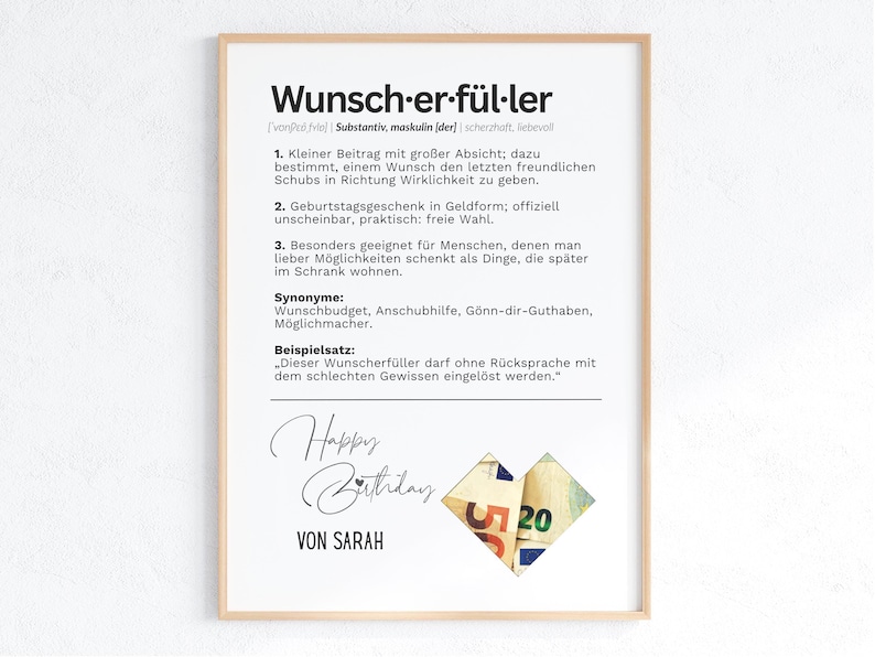 Wunscherfüller Geldgeschenk Geburtstag personalisiert | Definition Poster PDF Vorlage A4 A5 | Geld ausdrucken image 1