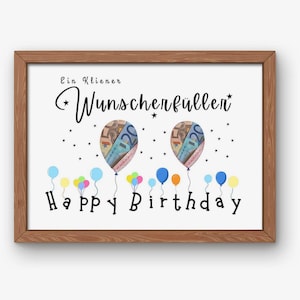 May include: A framed print with a white background features the text "Ein Kleiner Wunschf&uuml;ller" and "Happy Birthday". Two balloons are filled with money, and colorful balloons are at the bottom.