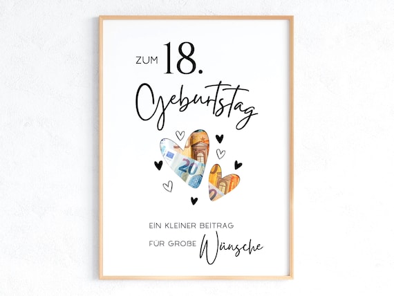 Geldgeschenk zum 18. Geburtstag, Geschenk Mädchen 18, A4 A5 Druckvorlage zum Ausdrucken, Sofortdownload
