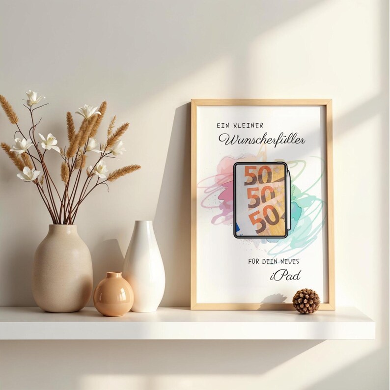 May include: A framed print featuring the German text "EIN KLEINER Wunscherf&uuml;ller F&Uuml;R DEIN neues iPad" with a central graphic of a tablet displaying fifty-euro banknotes against a colorful watercolor background, presented in a light wood frame.
