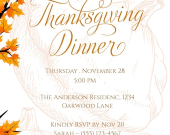 Personalised Minimalist Thanksgiving Dinner Invitation Template for Fall Gatherings – Printable Canva Design