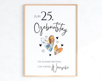 Geldgeschenk zum 25. Geburtstag, Geburtstagsgeschenk Geld, A4 A5 Druckvorlage zum Ausdrucken, Sofortdownload