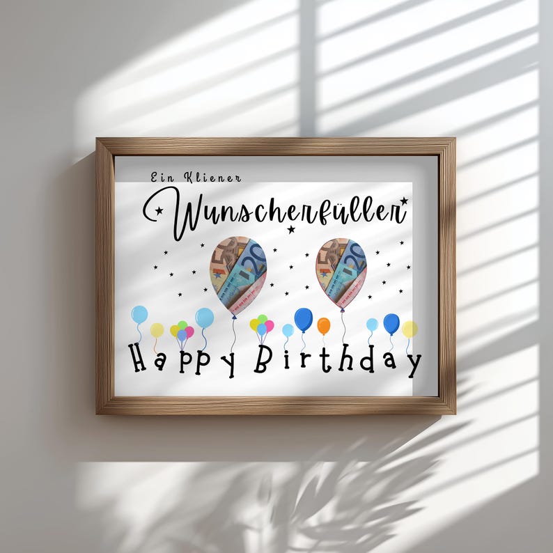 May include: A framed print with a white background features the text "Ein Kleiner Wunsch erf&uuml;llen" and "Happy Birthday". Two balloons with money designs are in the center, surrounded by colorful balloons.