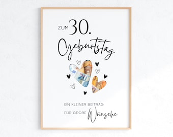 Geldgeschenk zum 30. Geburtstag, Geburtstagsgeschenk Geld, A4 A5 Druckvorlage zum Ausdrucken, Sofortdownload