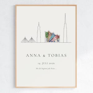 Hamburg Skyline Geldgeschenk zur Hochzeit – Elbphilharmonie, St. Michaelis, St. Nikolai und Köhlbrandbrücke als minimalistische Linienzeichnung in Leinen und Waldgrün. Personalisiertes DIY Hochzeitsgeschenk DIN A4 PDF, Last Minute Geldgeschenk Brautpaar.