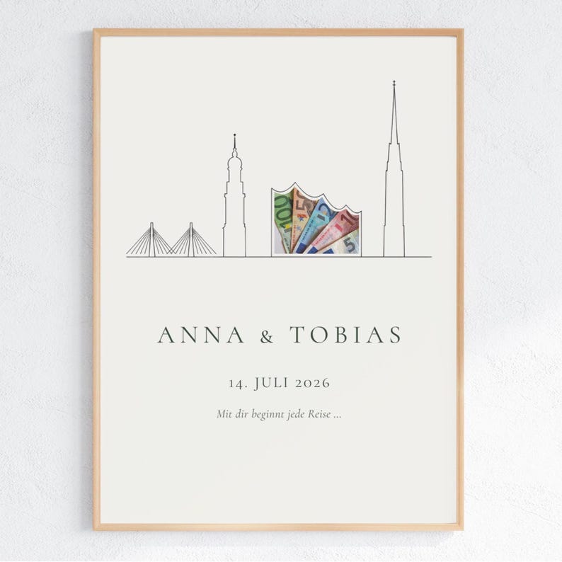 Hamburg Skyline Geldgeschenk zur Hochzeit – Elbphilharmonie, St. Michaelis, St. Nikolai und Köhlbrandbrücke als minimalistische Linienzeichnung in Leinen und Waldgrün. Personalisiertes DIY Hochzeitsgeschenk DIN A4 PDF, Last Minute Geldgeschenk Brautpaar.