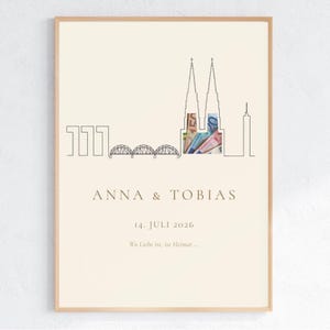Köln Skyline Geldgeschenk Hochzeit – Kölner Dom Zwillingstürme, Hohenzollernbrücke, KölnTriangle und Kranhäuser als elegante Linienzeichnung in warmem Weiß und mattem Gold. Personalisiertes Hochzeitsgeschenk DIN A4 PDF zum Selberdrucken, Brautpaar Geschenk.