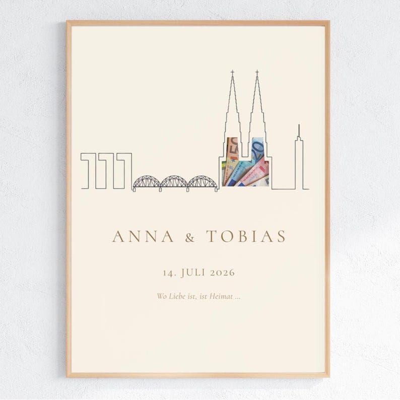 Köln Skyline Geldgeschenk Hochzeit – Kölner Dom Zwillingstürme, Hohenzollernbrücke, KölnTriangle und Kranhäuser als elegante Linienzeichnung in warmem Weiß und mattem Gold. Personalisiertes Hochzeitsgeschenk DIN A4 PDF zum Selberdrucken, Brautpaar Geschenk.
