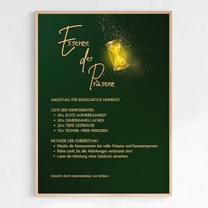 May include: A framed print with a dark green background and gold text. The text reads "Essence of Presence" with instructions and a list of components. An hourglass illustration glows with golden light.
