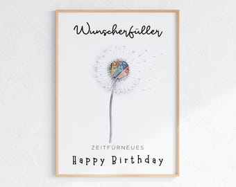 Geldgeschenk Geburtstag zum Ausdrucken | Wunscherfüller PDF A4 A5 | Pusteblume Happy Birthday | Last Minute Geschenk Download