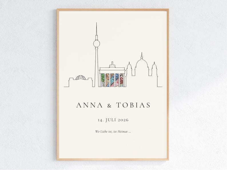 Berlin Skyline Geldgeschenk zur Hochzeit – Brandenburger Tor, Fernsehturm, Reichstag und Berliner Dom als minimalistische Linienzeichnung in Creme und Schwarz, im Rahmen an der Wand. Personalisiertes DIY Hochzeitsgeschenk DIN A4 PDF für das Brautpaar.