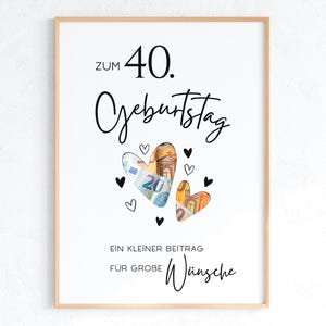 Geldgeschenk zum 40. Geburtstag als DIN A4 und A5 Druckvorlage mit Herz-Cutouts für Geldscheine.