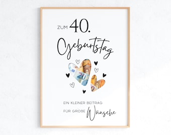 Geldgeschenk zum 40. Geburtstag, Geschenk runder Geburtstag, A4 A5 Druckvorlage zum Ausdrucken, Sofortdownload