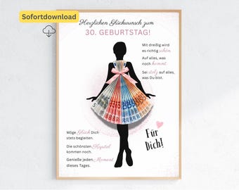 Geldgeschenk 30. Geburtstag Frau | Druckvorlage Kleid zum Basteln | Last Minute Geschenk Tochter Freundin | PDF A4 Sofort Download