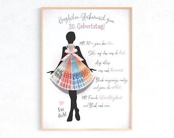 Geldgeschenk 30. Geburtstag Frau | Druckvorlage Kleid zum Basteln | Last Minute Geschenk Tochter Freundin | PDF A4 Sofort Download