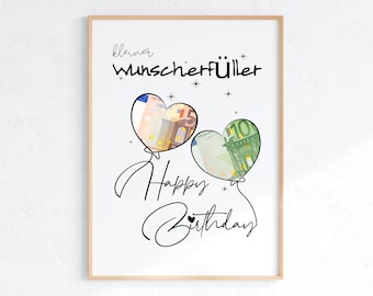 Wunscherfüller-Geburtstagsgeldgeschenk | DIY-Bilderrahmenbastelvorlage - Originelle Druckgeschenkidee | PDF DIN A4 A5 A3