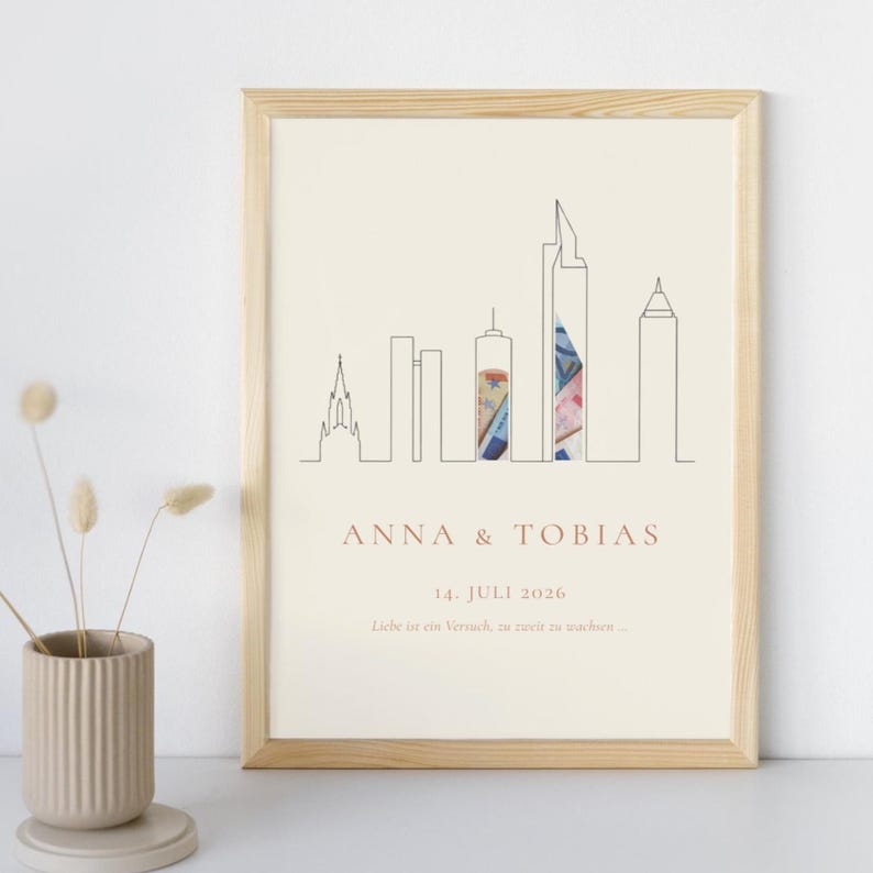 Frankfurt Skyline Geldgeschenk zur Hochzeit – Commerzbank Tower, Messeturm, Main Tower, EZB und Kaiserdom als moderne Linienzeichnung in Creme und Terrakotta. Personalisiertes Hochzeitsgeschenk DIN A4 PDF, Last Minute Brautpaar Geschenk minimalistisch.